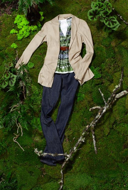 BROCHU WALKER leather jacket in truffle, $495. HUGO BOSS short-sleeve hi-low blouse in tribal, $250. ORCIANI Maia classic belt, $175. CURRENT/ELLIOTT stiletto jean in blue note wash, $184.